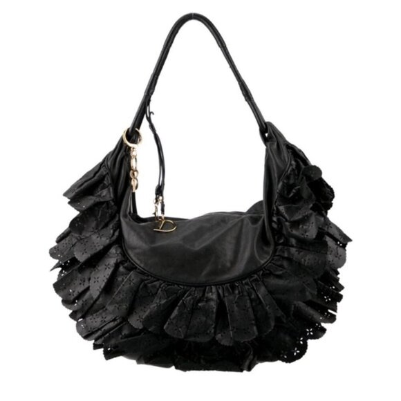 Christian Dior Vintage Gypsy Ruffled Hobo Black Leather Gold DIOR Bag Charm - Picture 4 of 15